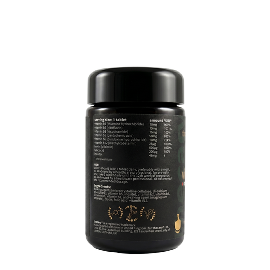 thecary Vitamin B Complex 90 vegan tablets, side of bottle showing supplement facts