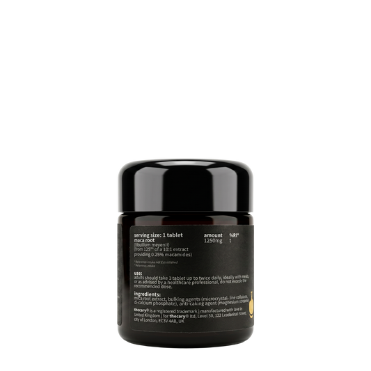 thecary Maca Root 1250mg 60 vegan tablets, side of bottle showing supplement facts