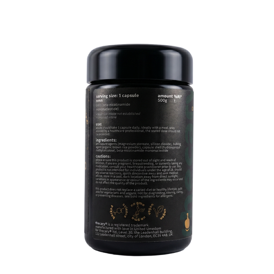 thecary beta-NMN 500mg 60 vegan capsules, side of bottle showing supplement facts