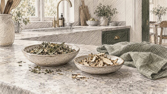 Dried botanicals on a kitchen worktop