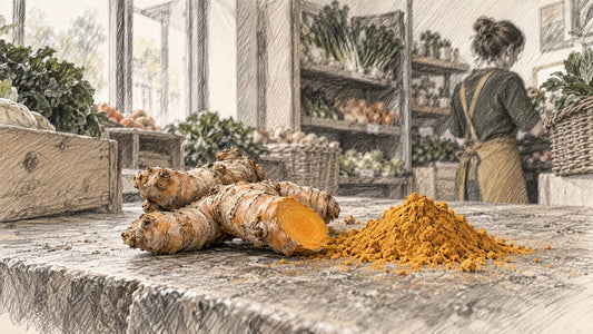 Fresh turmeric root beside ground turmeric