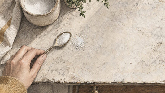 Sugar crystals on a pale stone counter