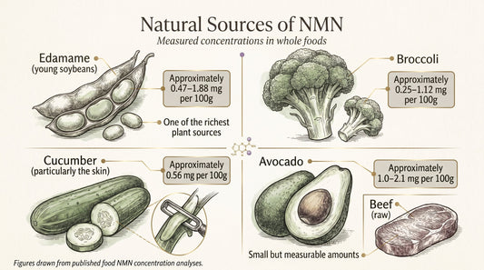 Botanical infographic linking NMN to the foods of ancestral diets, from thecary's journal
