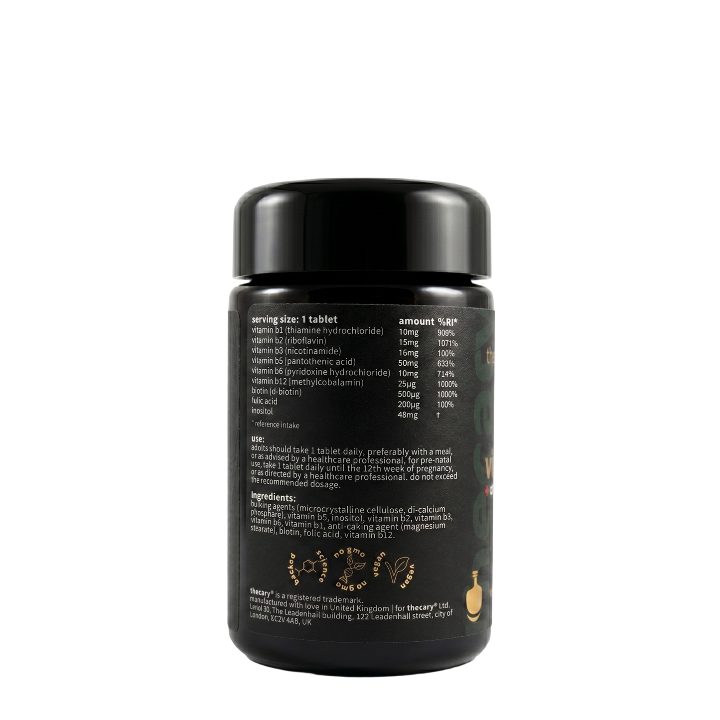 thecary Vitamin B Complex 90 vegan tablets, side of bottle showing supplement facts