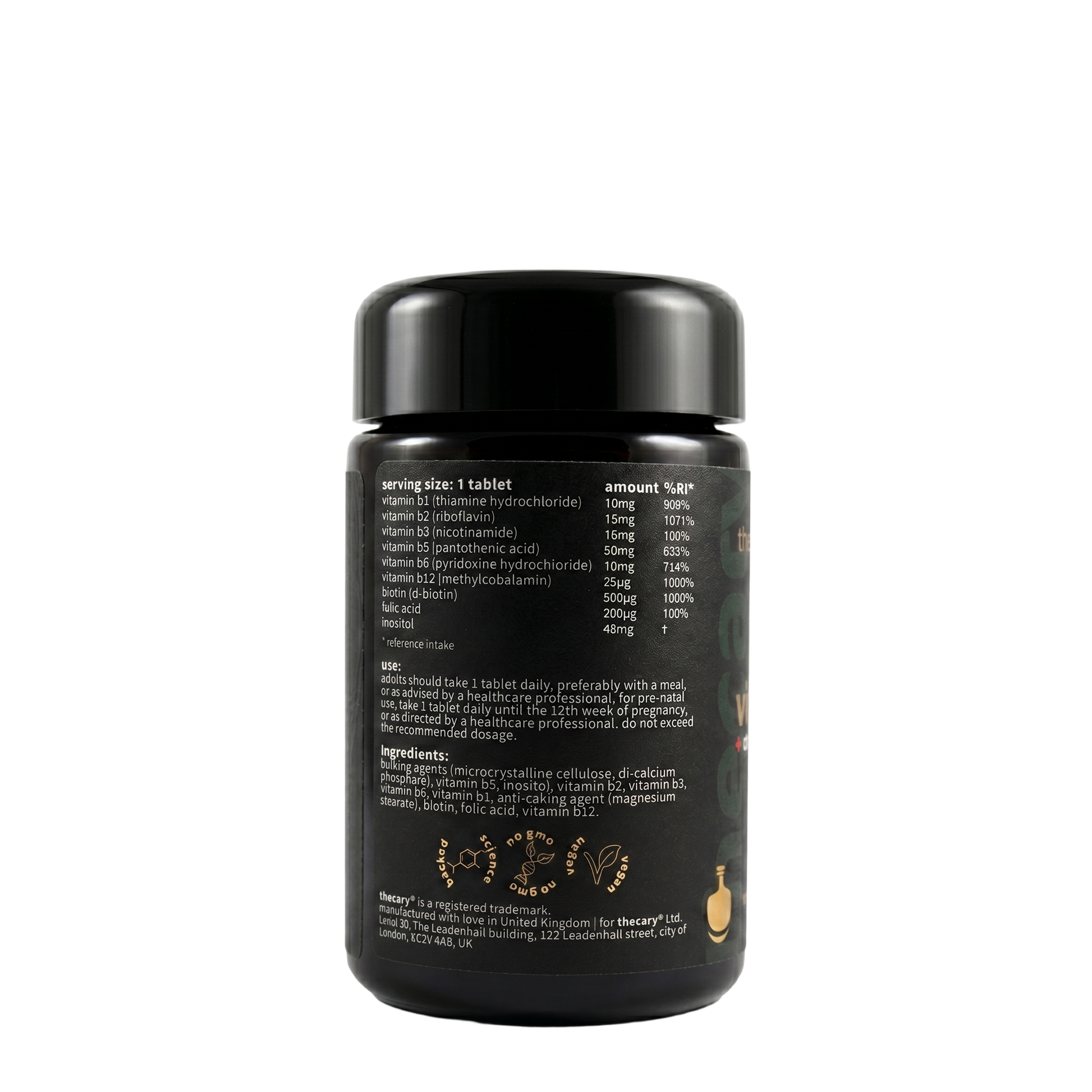thecary Vitamin B Complex 90 vegan tablets, side of bottle showing supplement facts