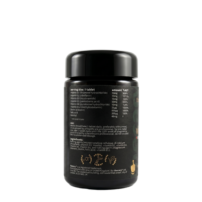 thecary Vitamin B Complex 90 vegan tablets, side of bottle showing supplement facts