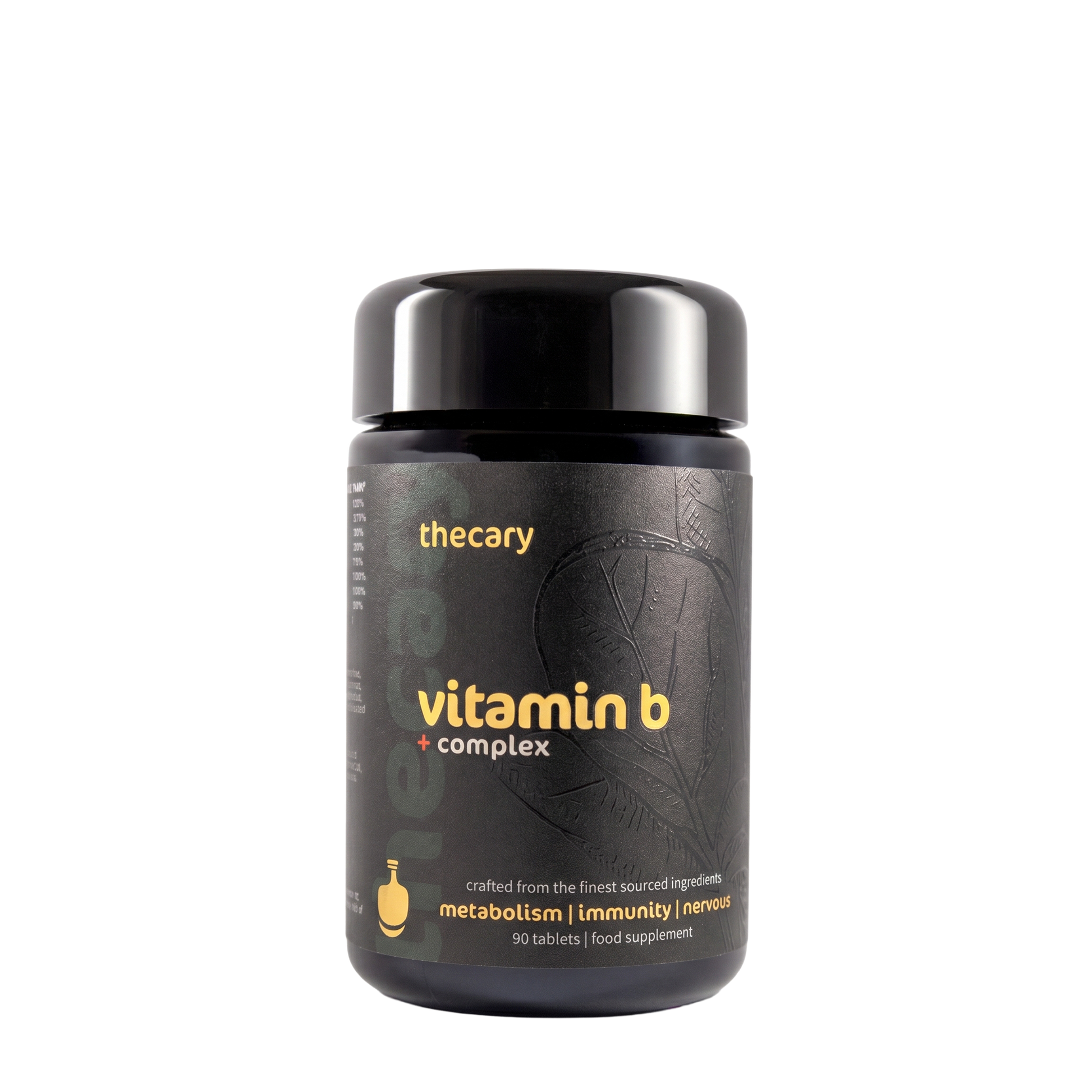 thecary Vitamin B Complex 90 vegan tablets, front of bottle, B1 to B12 with inositol UK