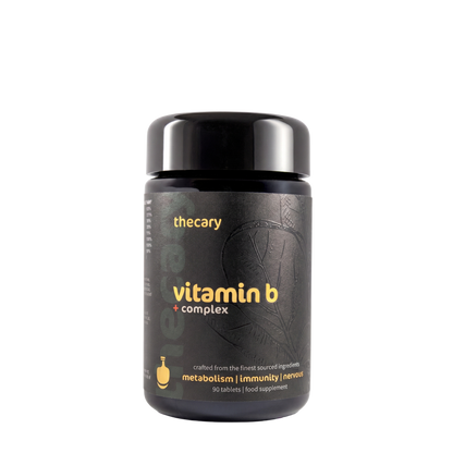 thecary Vitamin B Complex 90 vegan tablets, front of bottle, B1 to B12 with inositol UK