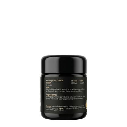 thecary Biotin 5,000µg 90 vegan tablets, back of bottle with directions