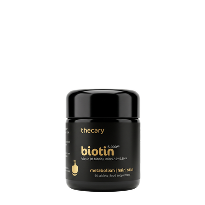 thecary Biotin 5,000µg 90 vegan tablets, front of bottle, UK biotin supplement for hair and skin