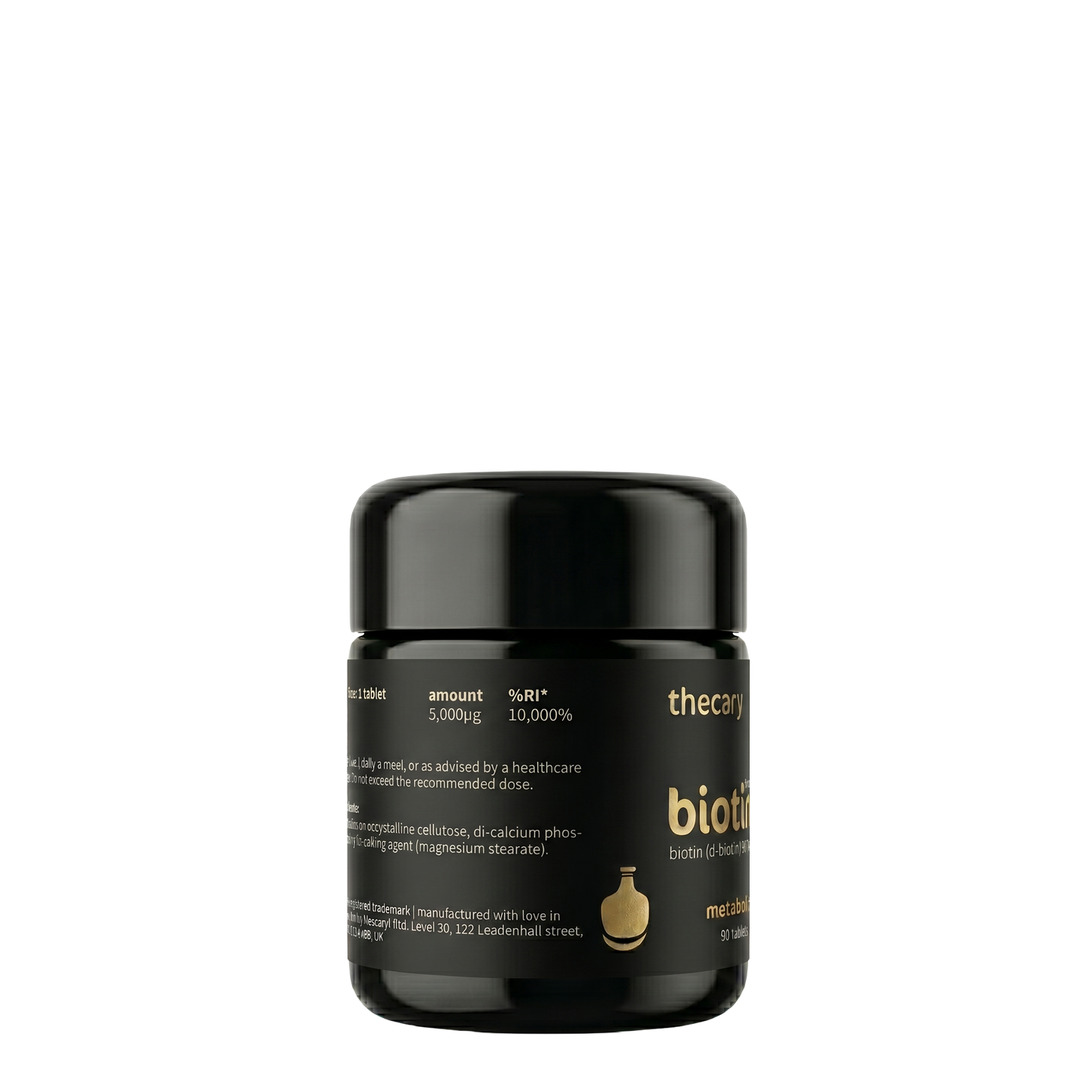 thecary Biotin 5,000µg 90 vegan tablets, side of bottle showing supplement facts