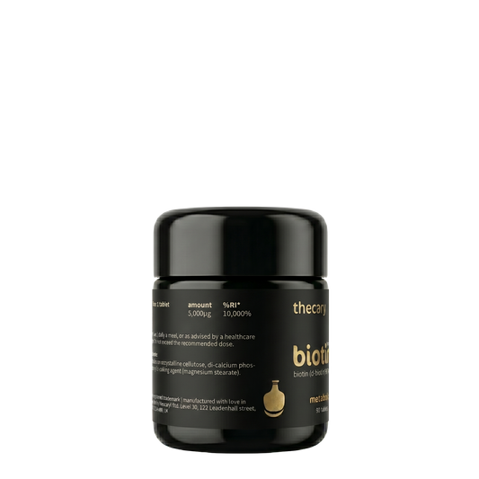 thecary Biotin 5,000µg 90 vegan tablets, side of bottle showing supplement facts