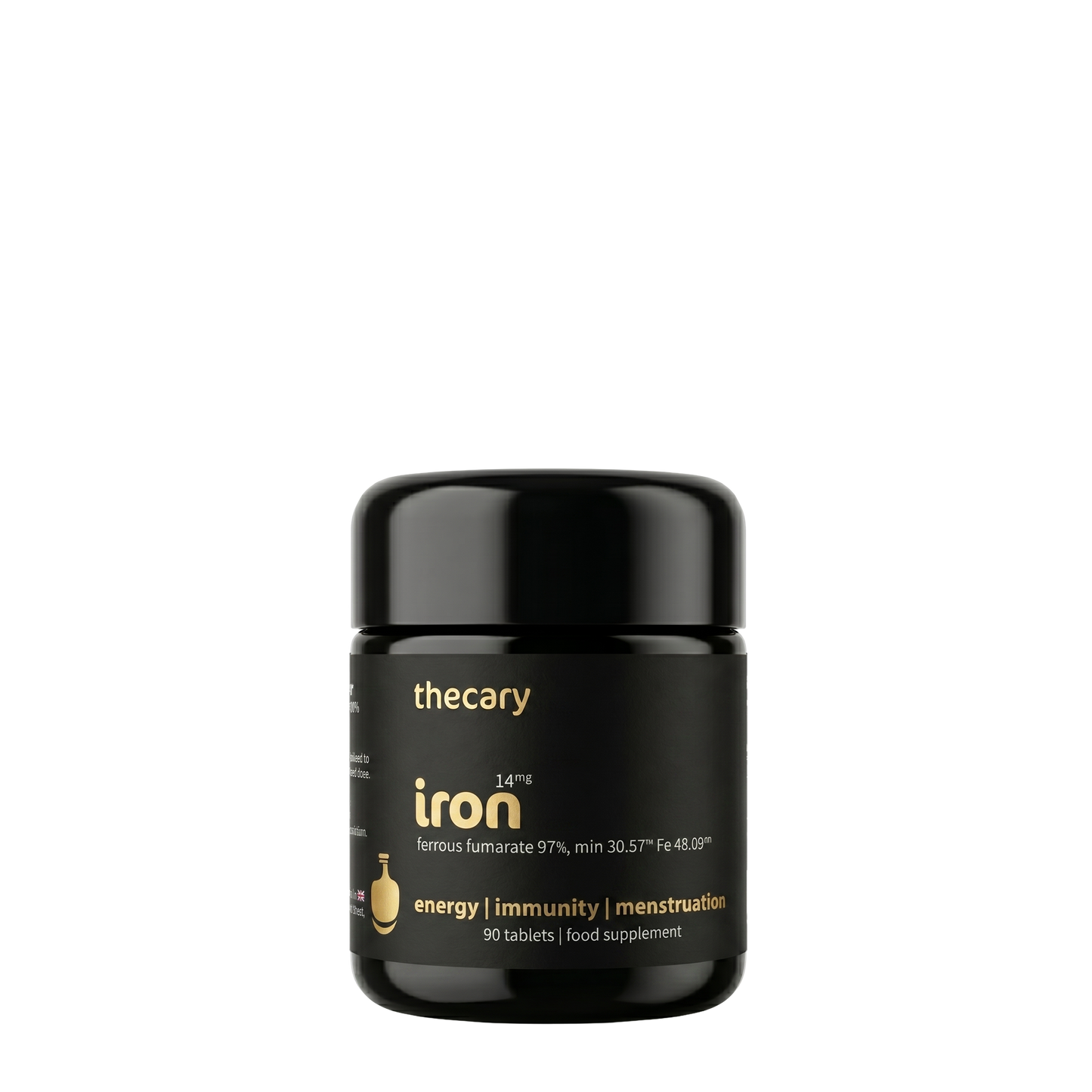 thecary Iron 14mg ferrous fumarate 90 tablets, front of bottle, vegan UK iron supplement