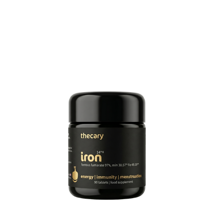 thecary Iron 14mg ferrous fumarate 90 tablets, front of bottle, vegan UK iron supplement