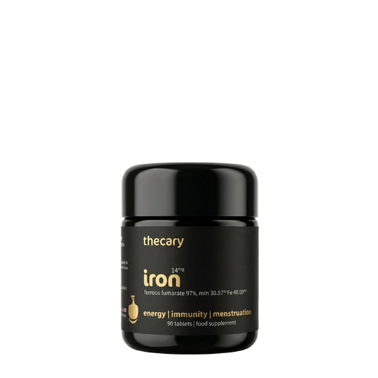 thecary Iron 14mg ferrous fumarate 90 tablets, front of bottle, vegan UK iron supplement