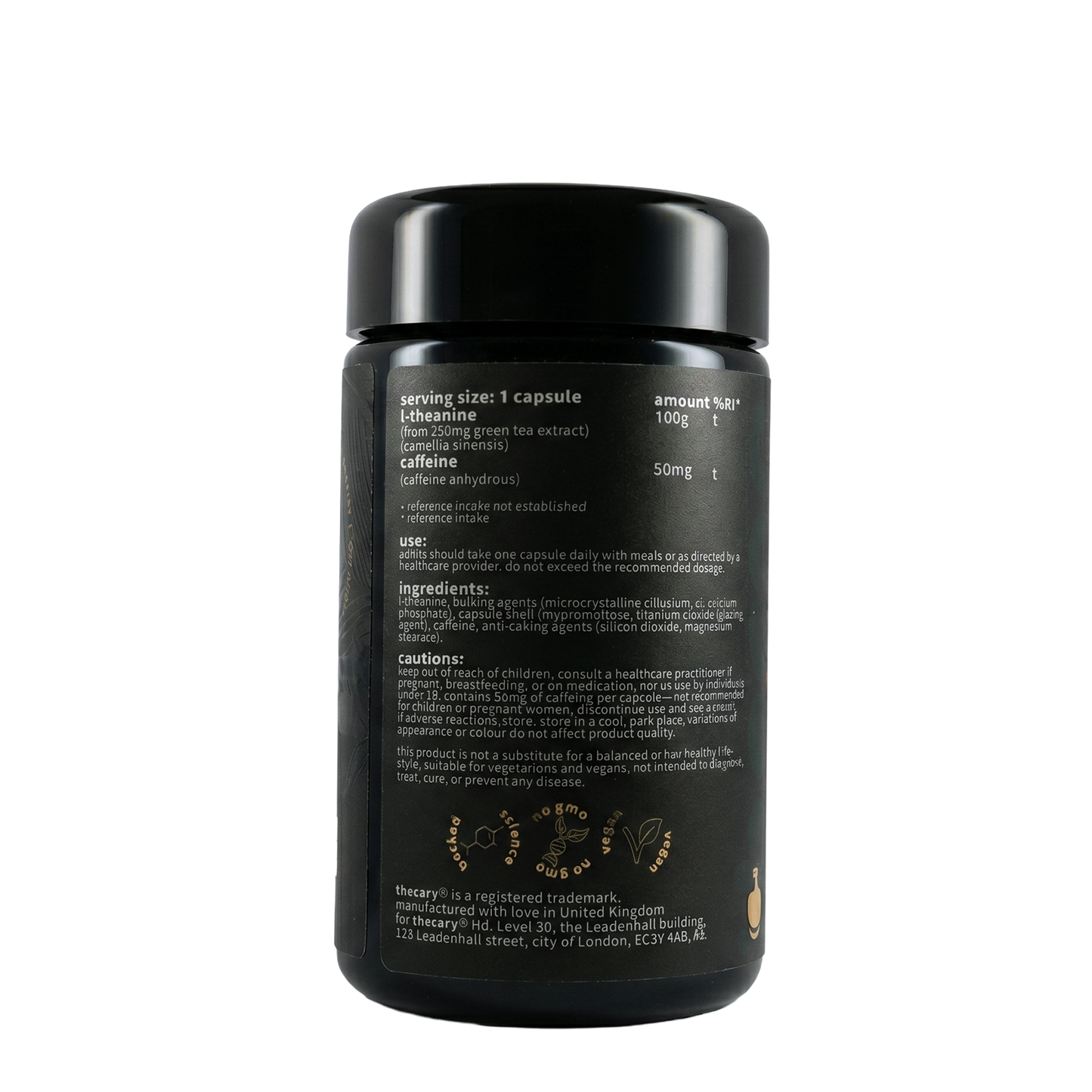 thecary L-theanine 100mg with caffeine 50mg 60 capsules, side of bottle showing supplement facts