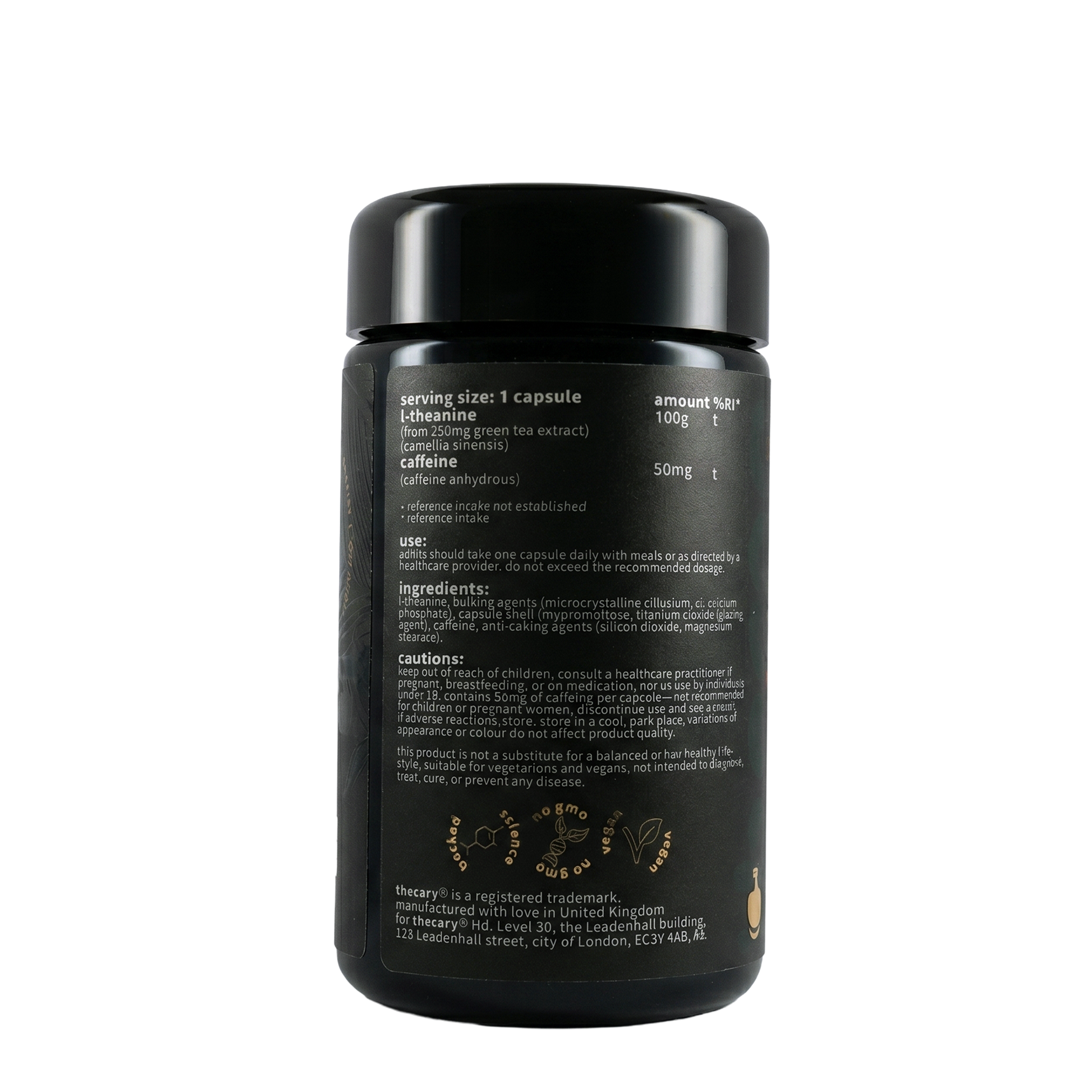 thecary L-theanine 100mg with caffeine 50mg 60 capsules, side of bottle showing supplement facts