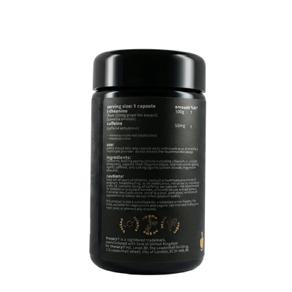 thecary L-theanine 100mg with caffeine 50mg 60 capsules, side of bottle showing supplement facts