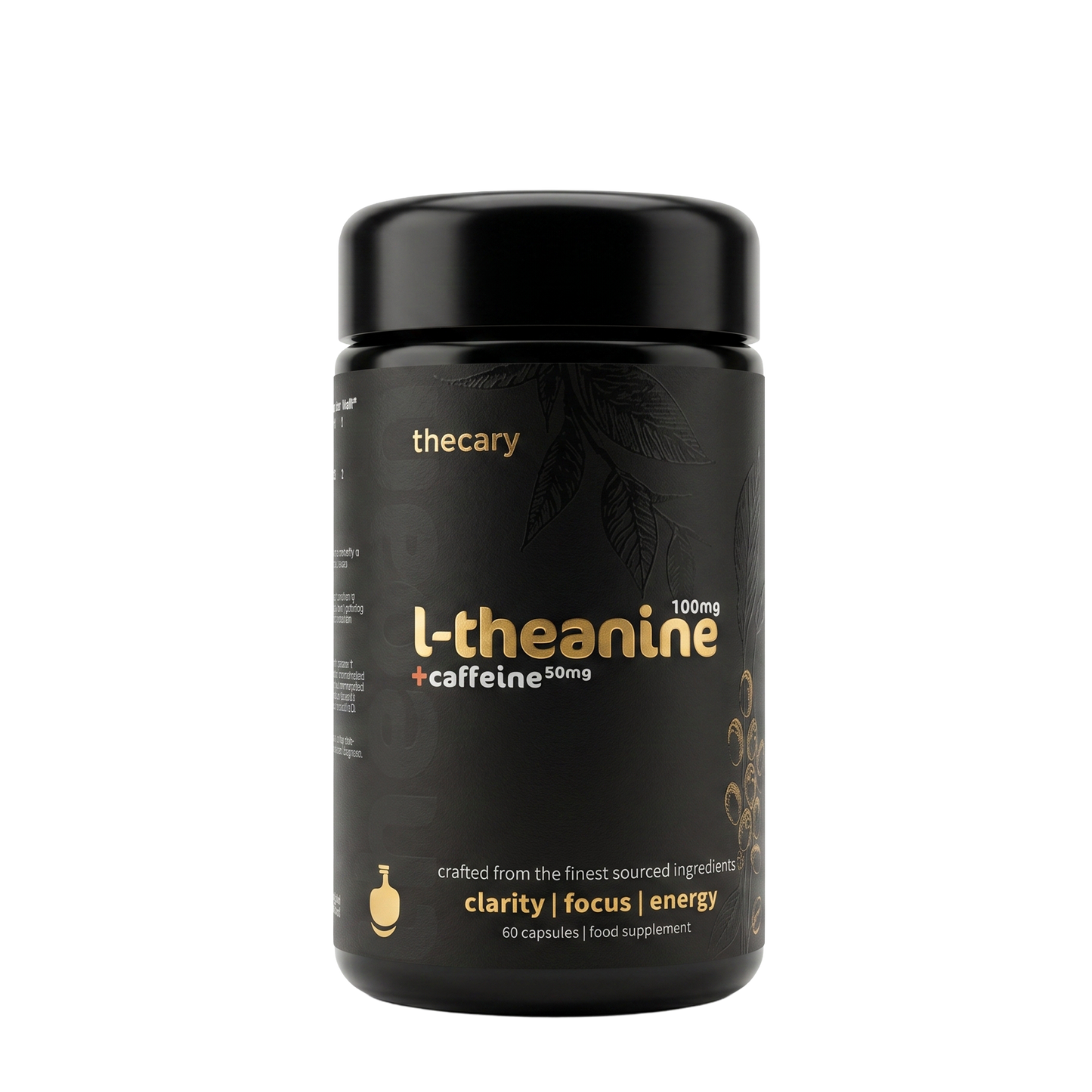 thecary L-theanine 100mg with caffeine 50mg 60 capsules, front of bottle, calm focus UK