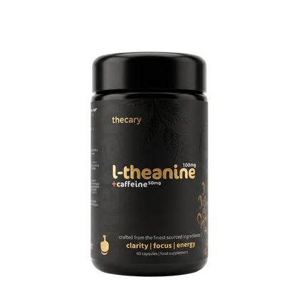 thecary L-theanine 100mg with caffeine 50mg 60 capsules, front of bottle, calm focus UK