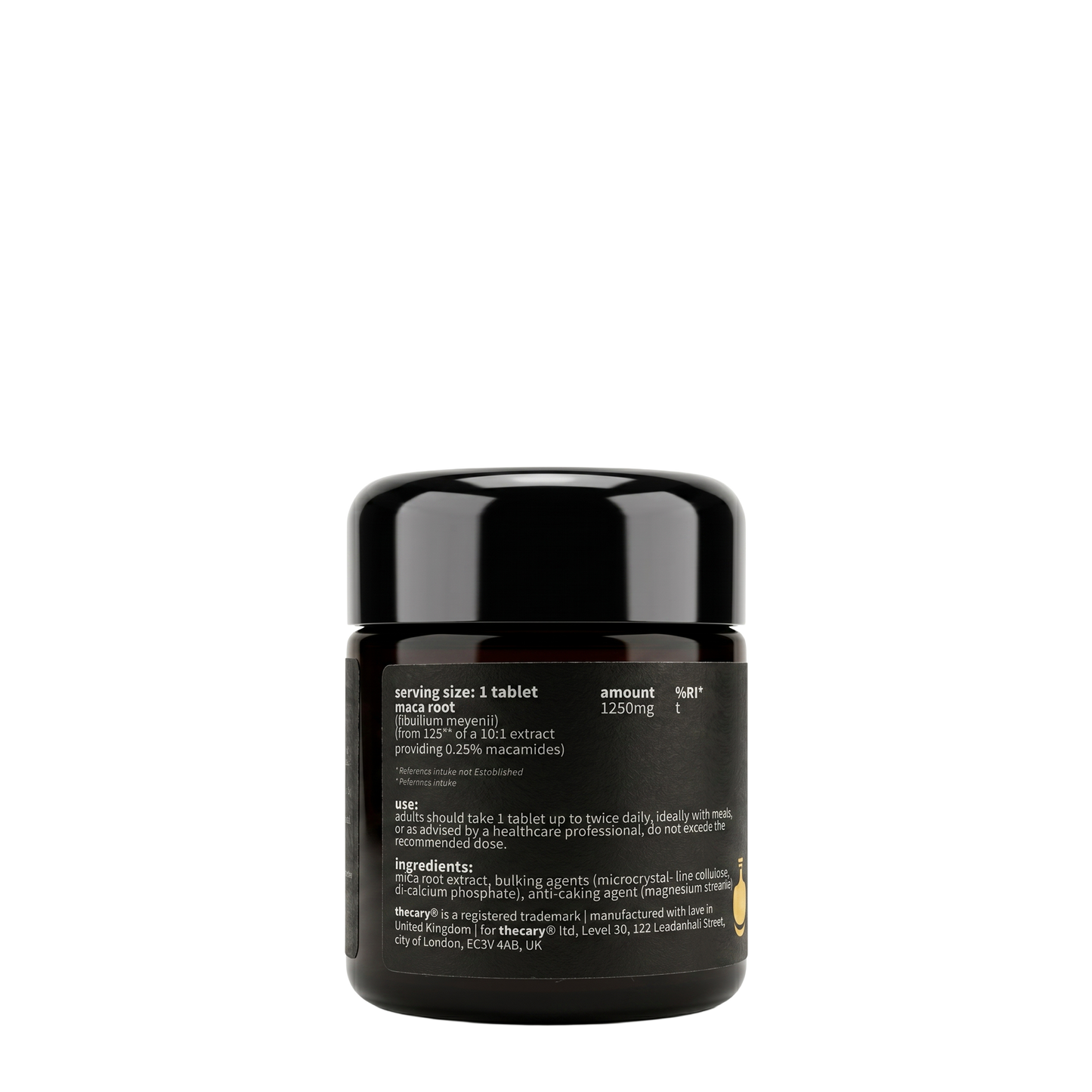 thecary Maca Root 1250mg 60 vegan tablets, side of bottle showing supplement facts