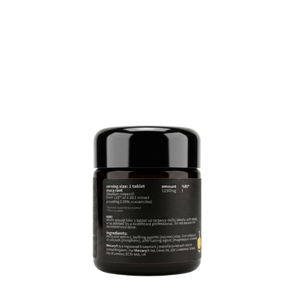 thecary Maca Root 1250mg 60 vegan tablets, side of bottle showing supplement facts