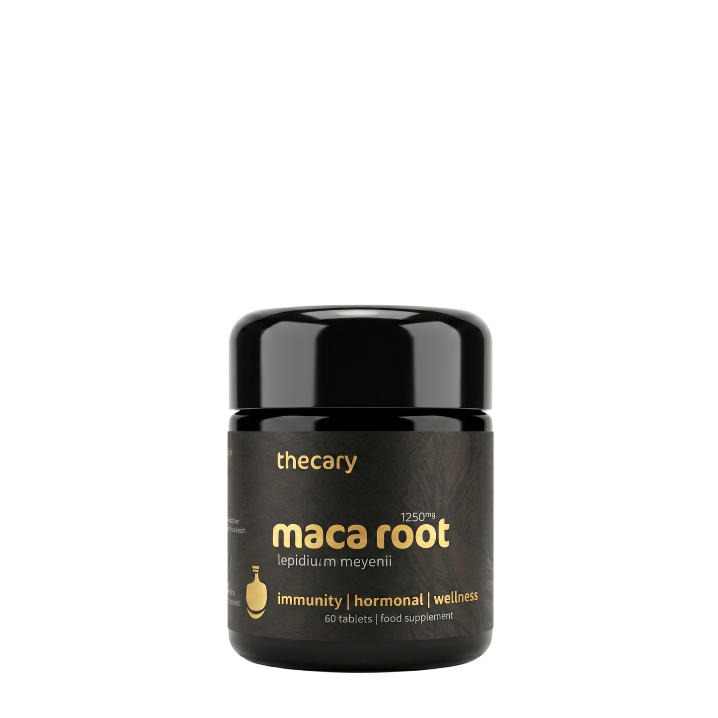 thecary Maca Root 1250mg 60 vegan tablets, front of bottle, pure Peruvian maca UK