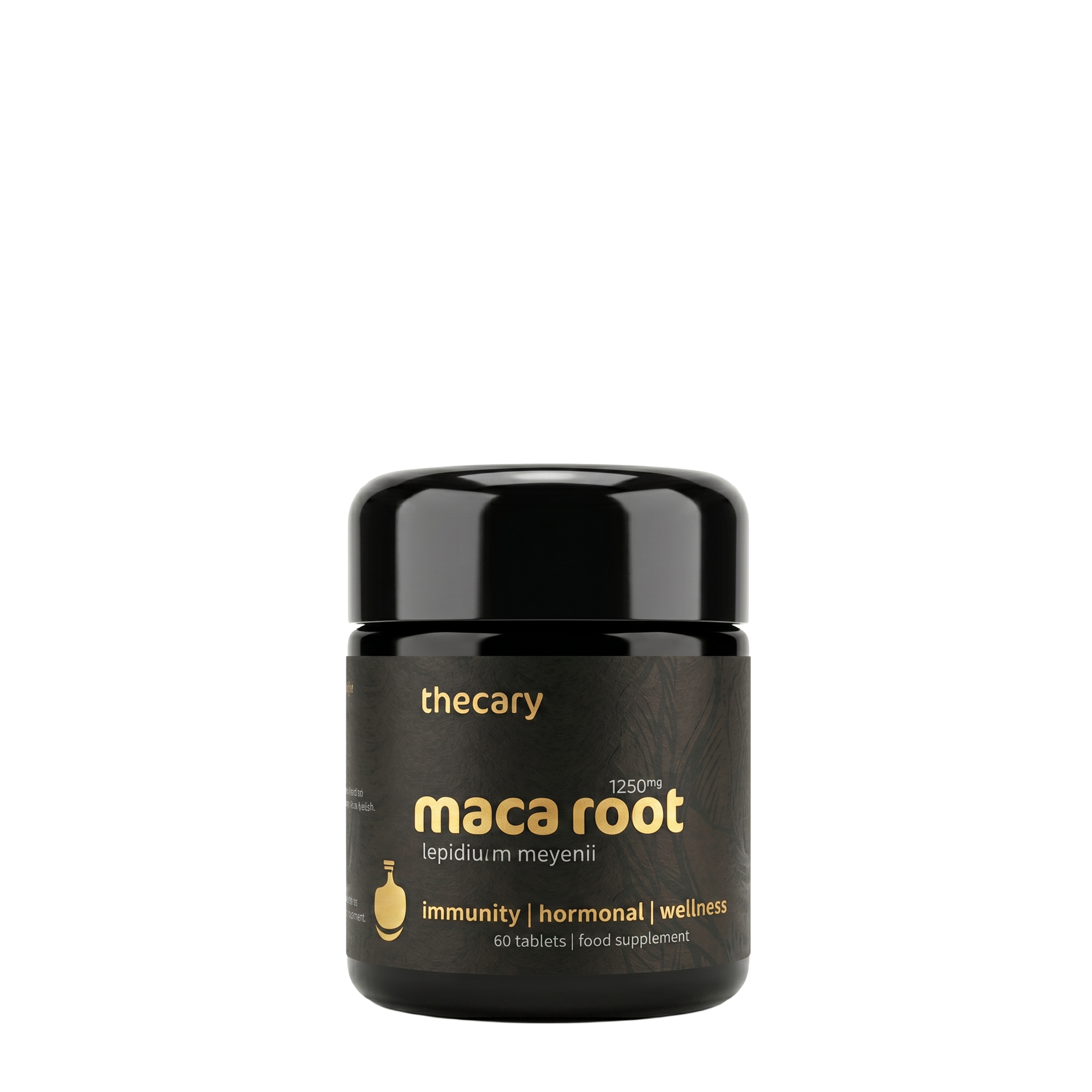 thecary Maca Root 1250mg 60 vegan tablets, front of bottle, pure Peruvian maca UK