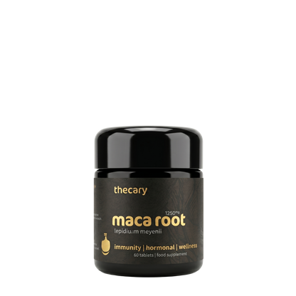 thecary Maca Root 1250mg 60 vegan tablets, front of bottle, pure Peruvian maca UK