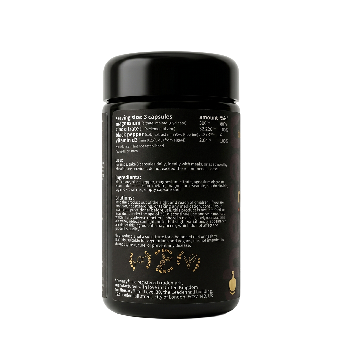 thecary Magnesium Complex 60 capsules, side of bottle showing supplement facts