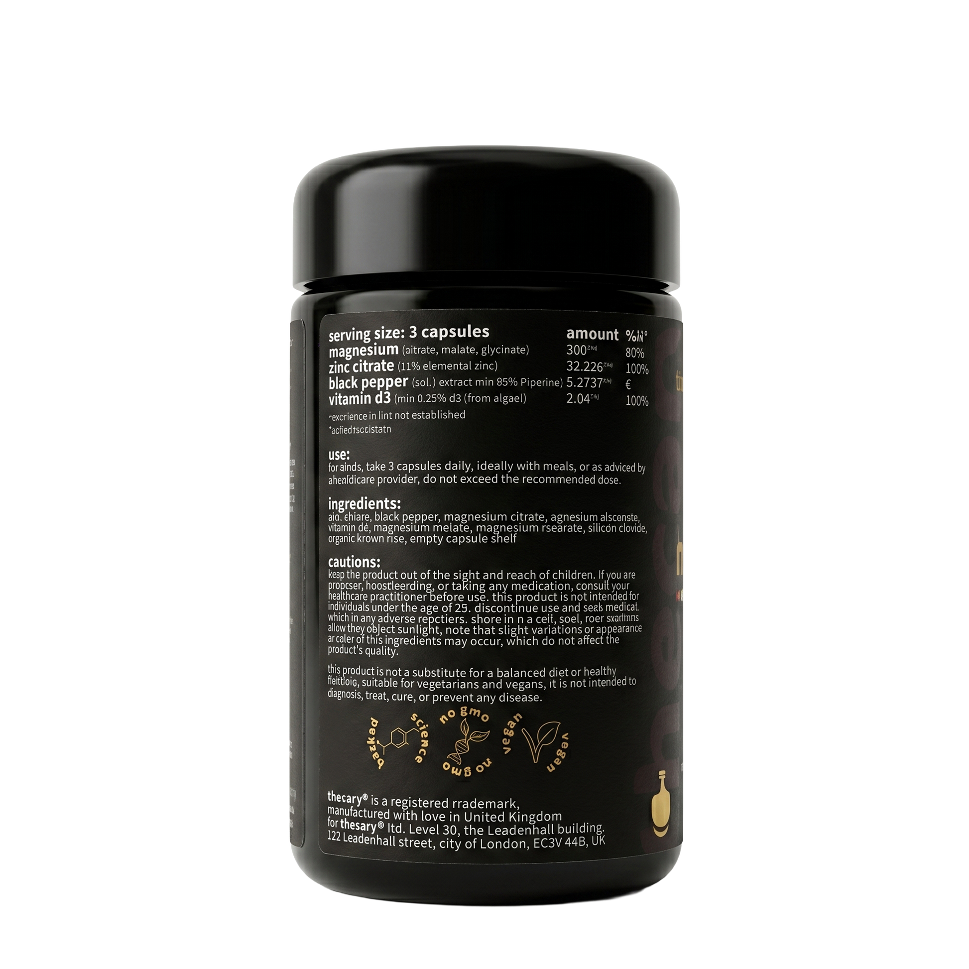 thecary Magnesium Complex 60 capsules, side of bottle showing supplement facts