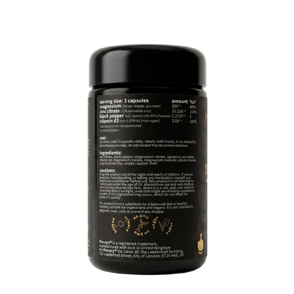 thecary Magnesium Complex 60 capsules, side of bottle showing supplement facts