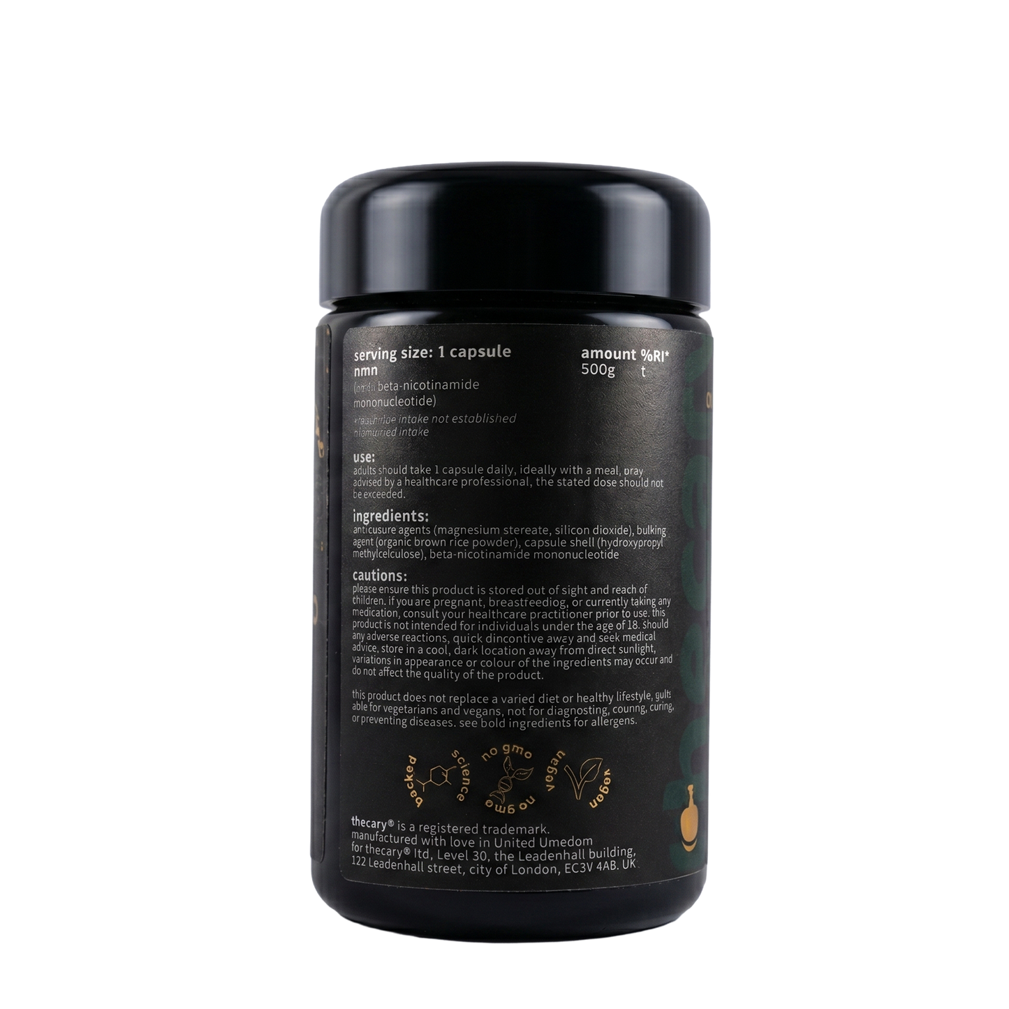 thecary beta-NMN 500mg 60 vegan capsules, side of bottle showing supplement facts