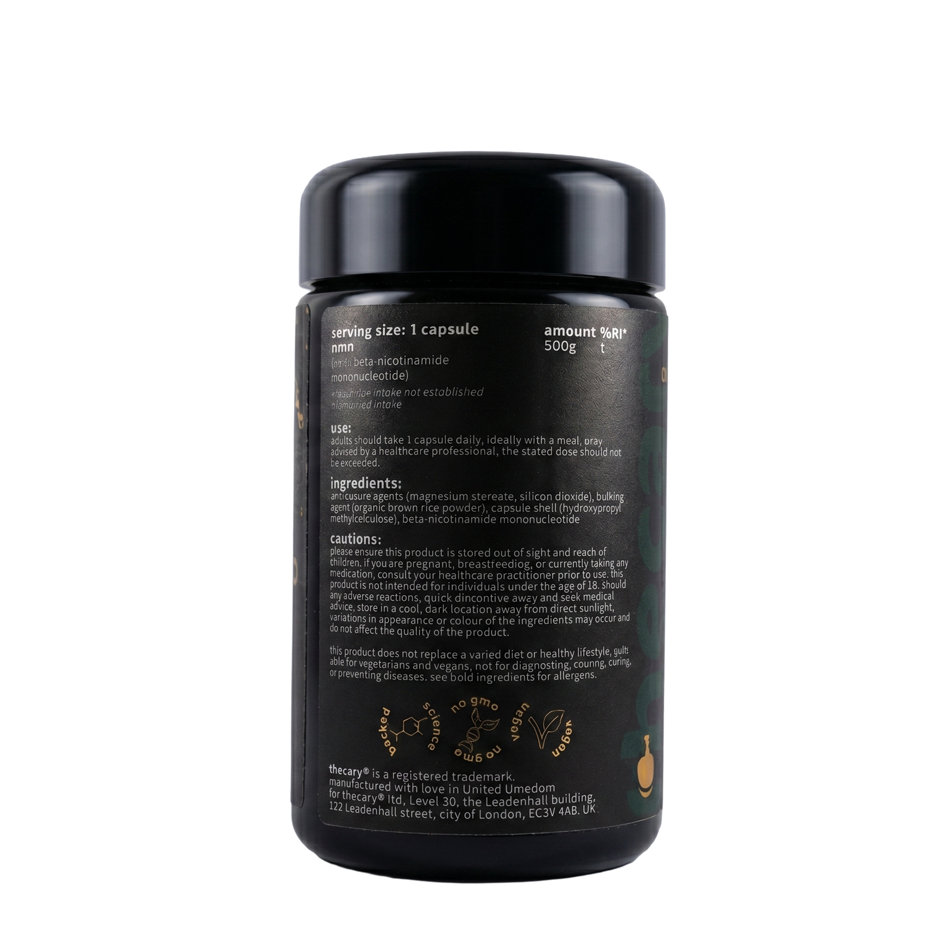 thecary beta-NMN 500mg 60 vegan capsules, side of bottle showing supplement facts