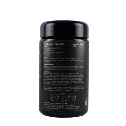 thecary beta-NMN 500mg 60 vegan capsules, side of bottle showing supplement facts