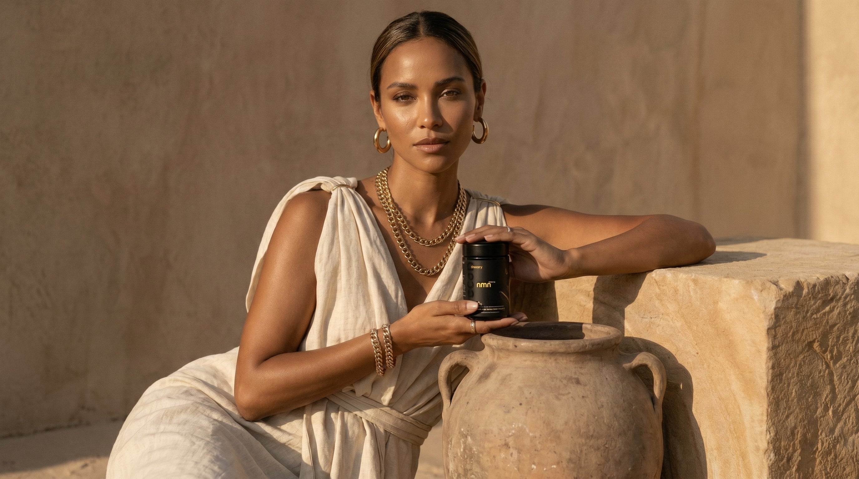 Woman in classical attire holding a nmn jar in a warm-toned setting
