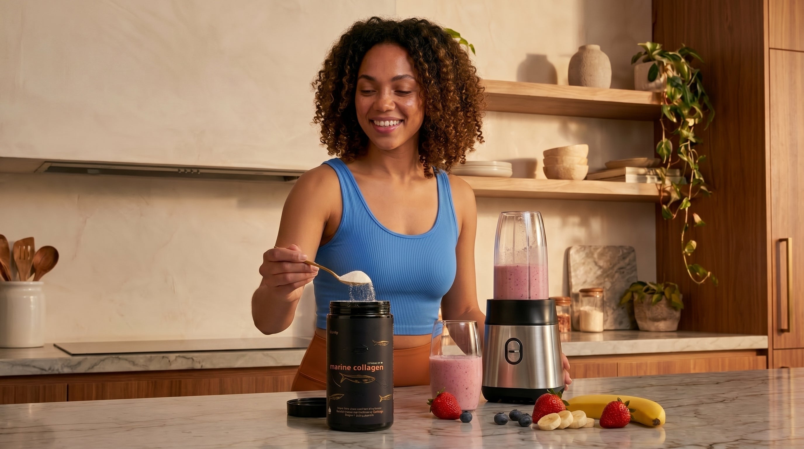 Woman in a kitchen preparing a smoothie with a blender and ingredients.