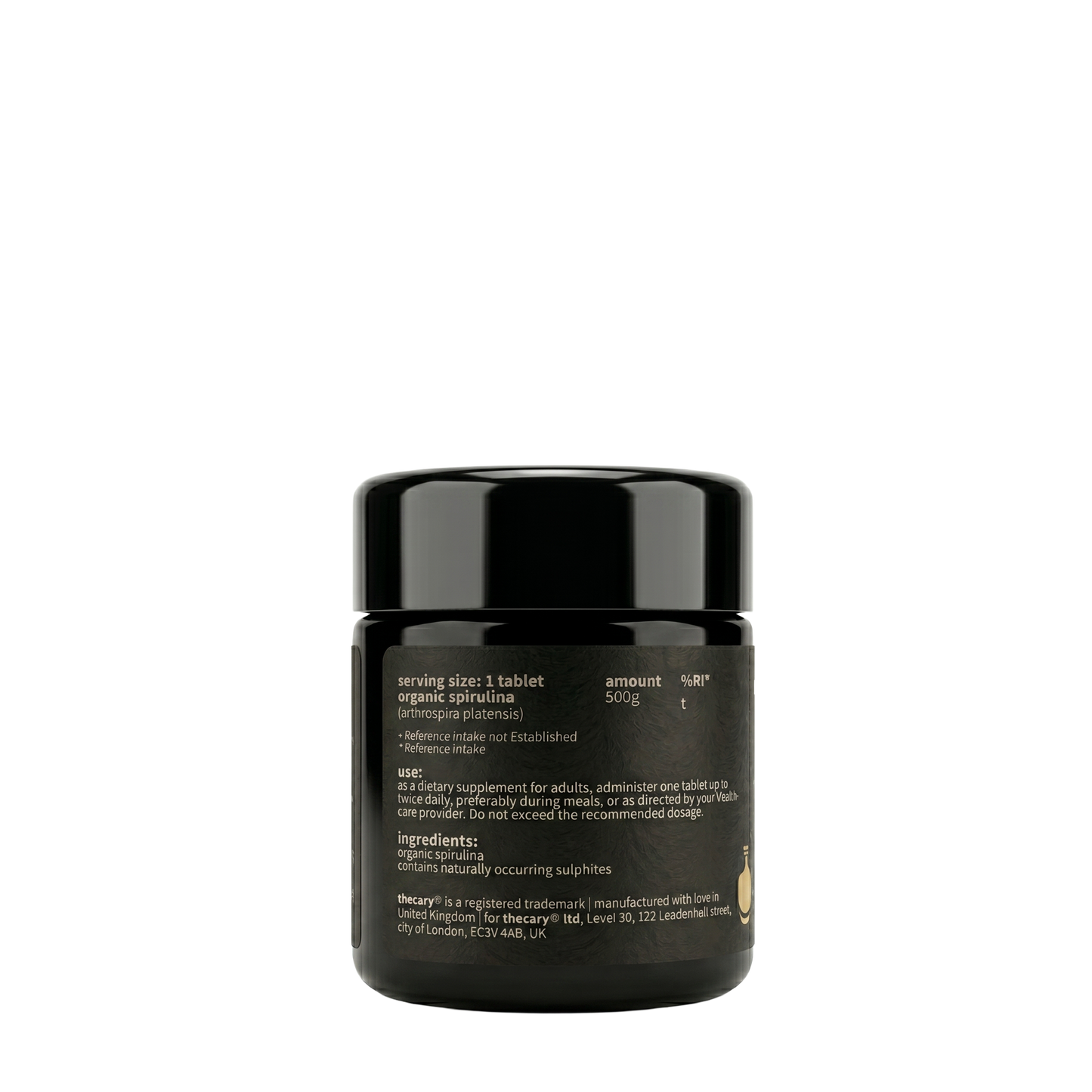 thecary Spirulina 500mg 60 vegan tablets, side of bottle showing supplement facts