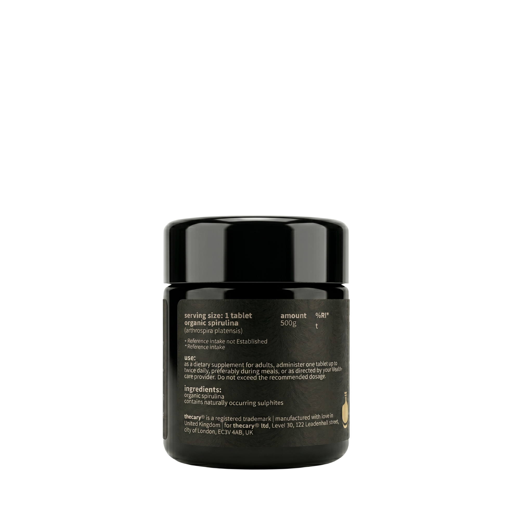thecary Spirulina 500mg 60 vegan tablets, side of bottle showing supplement facts
