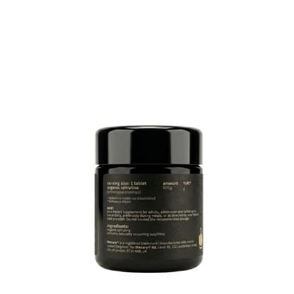 thecary Spirulina 500mg 60 vegan tablets, side of bottle showing supplement facts