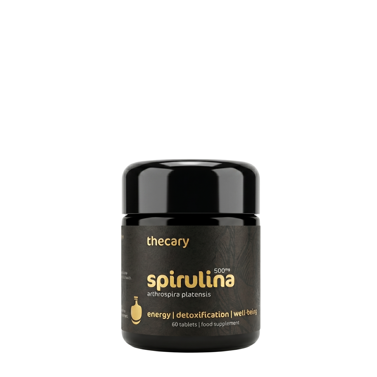 thecary Spirulina 500mg 60 vegan tablets, front of bottle, pure blue-green algae UK