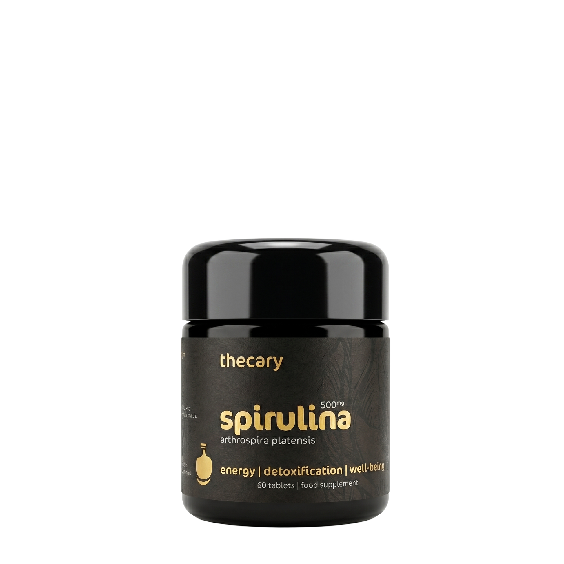 thecary Spirulina 500mg 60 vegan tablets, front of bottle, pure blue-green algae UK