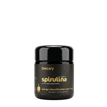 thecary Spirulina 500mg 60 vegan tablets, front of bottle, pure blue-green algae UK