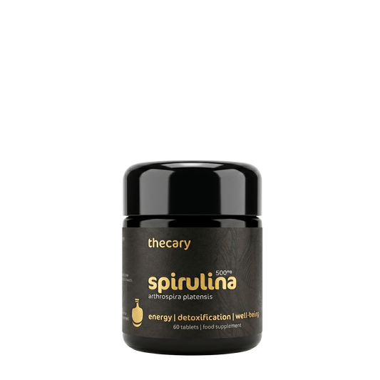 thecary Spirulina 500mg 60 vegan tablets, front of bottle, pure blue-green algae UK