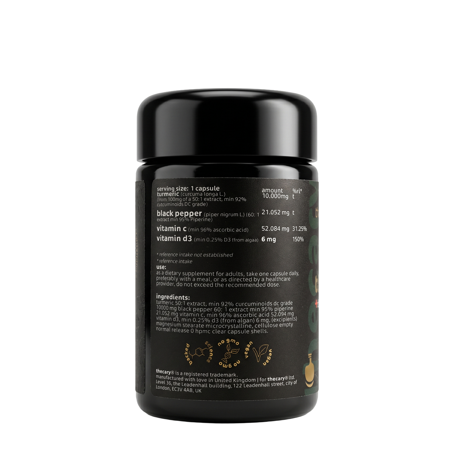 thecary Turmeric daily formula 60 vegan capsules, side of bottle showing supplement facts