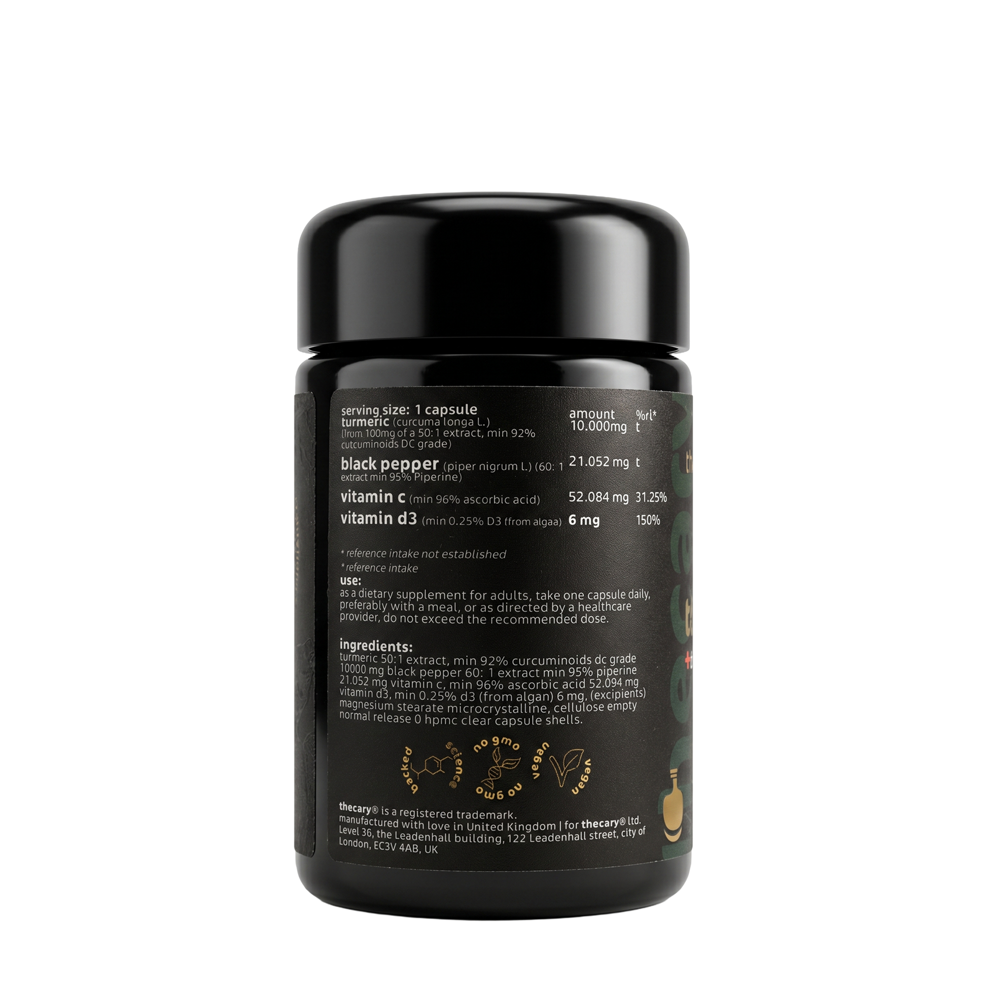 thecary Turmeric daily formula 60 vegan capsules, side of bottle showing supplement facts