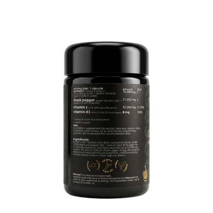 thecary Turmeric daily formula 60 vegan capsules, side of bottle showing supplement facts
