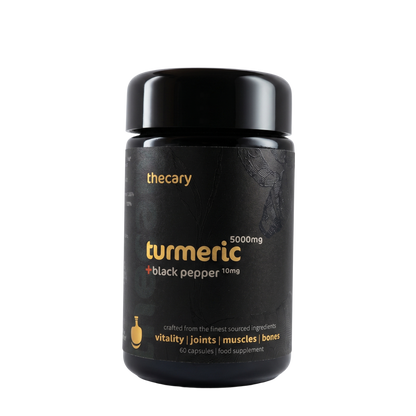 thecary Turmeric 5000mg with black pepper daily formula 60 vegan capsules, front of bottle, UK curcumin