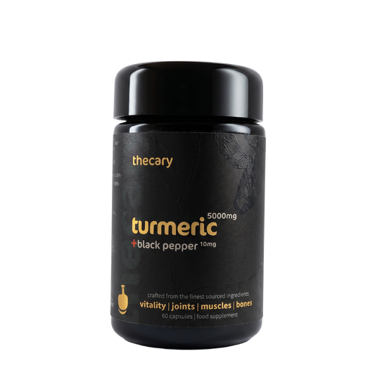 thecary Turmeric 5000mg with black pepper daily formula 60 vegan capsules, front of bottle, UK curcumin